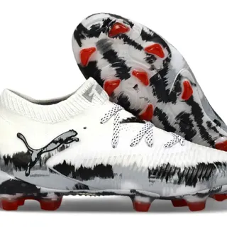 Puma White Black Sock-Fit Knit Upper Brushstroke Graphics Firm-Ground Soccer Shoes