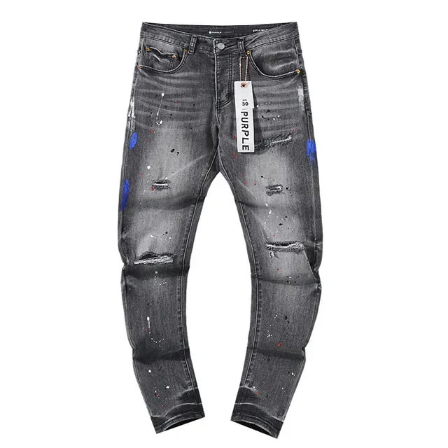 Purple Brand Distressed Paint-Splatter Slim-Fit Gray Jeans 2