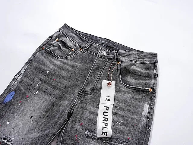 Purple Brand Distressed Paint-Splatter Slim-Fit Gray Jeans 4