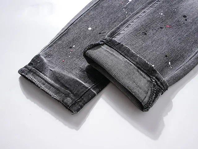 Purple Brand Distressed Paint-Splatter Slim-Fit Gray Jeans 9
