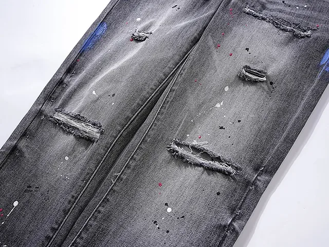 Purple Brand Distressed Paint-Splatter Slim-Fit Gray Jeans 11