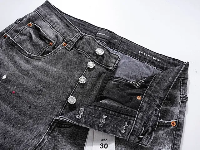 Purple Brand Distressed Paint-Splatter Slim-Fit Gray Jeans 12