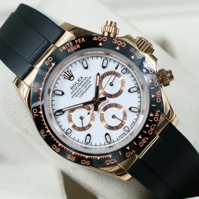 Rolex Cosmograph Daytona Cadran Blanc Boîtier Or Rose Bracelet Caoutchouc Noir Montre Mécanique 4