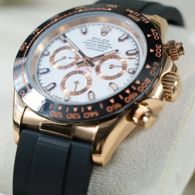 Rolex Cosmograph Daytona Cadran Blanc Boîtier Or Rose Bracelet Caoutchouc Noir Montre Mécanique 7