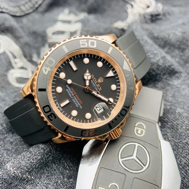 Rolex Yacht-Master Black Dial Rose Gold Case Gray Rubber Strap Mechanical Watch 8