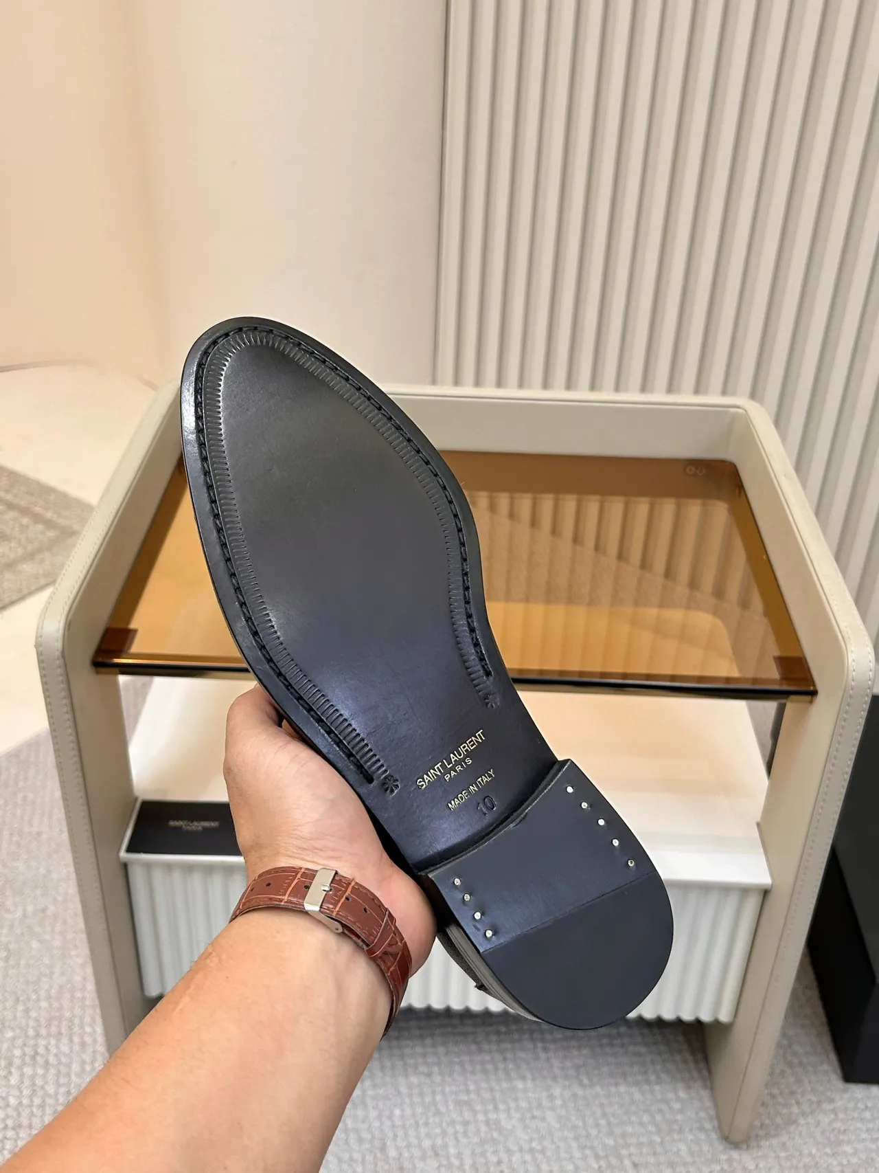 Saint Laurent Black Pebbled Leather Moc-Toe Stitching Loafer 2