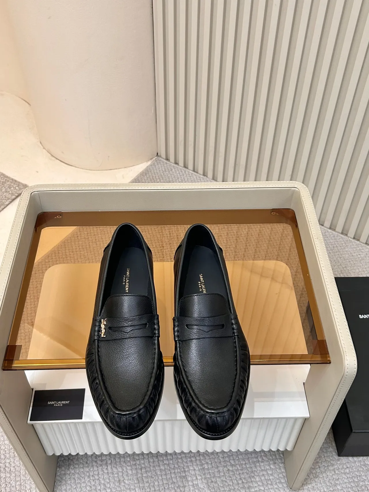 Saint Laurent Black Pebbled Leather Moc-Toe Stitching Loafer 5