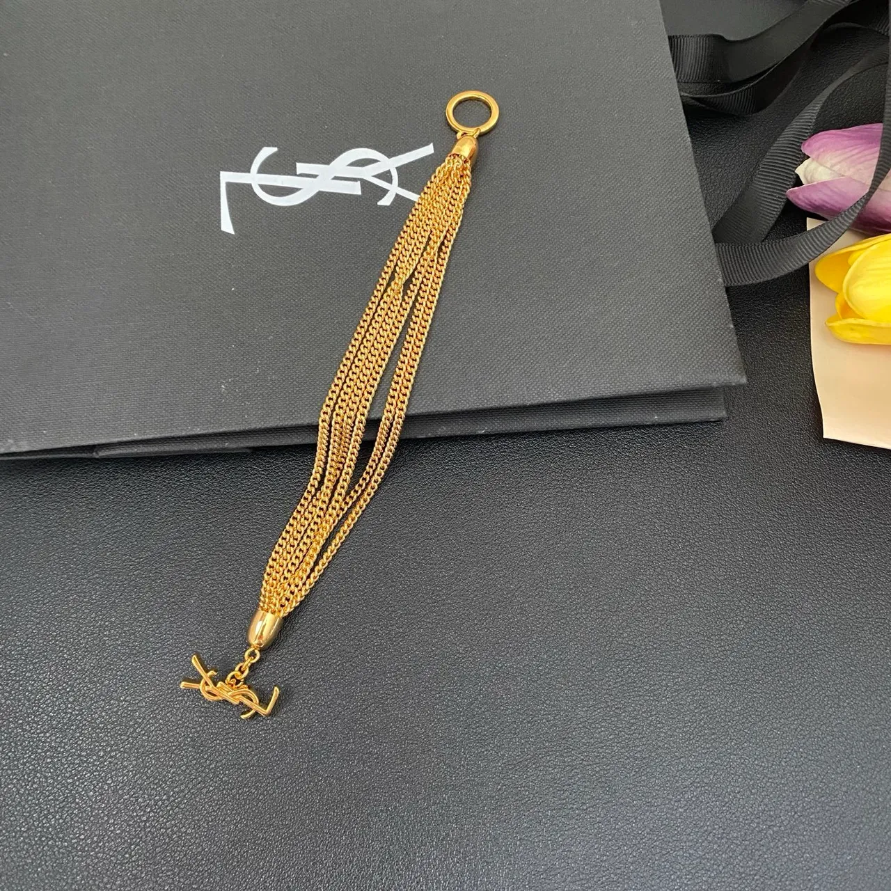 Saint Laurent Bracelet chaîne Curb multi-fils métal poli doré 8