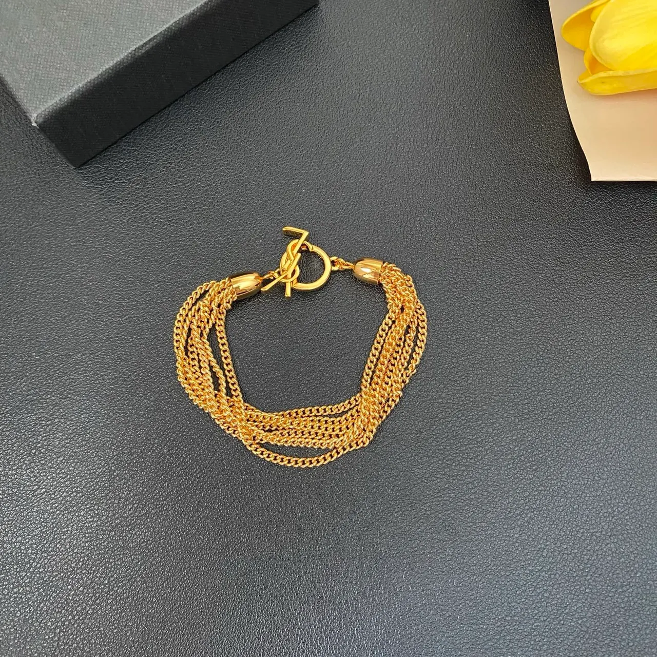 Saint Laurent Bracelet chaîne Curb multi-fils métal poli doré 9