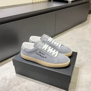 Saint Laurent Gray Beige Suede Upper Embroidered Logo Lifestyle Sneakers