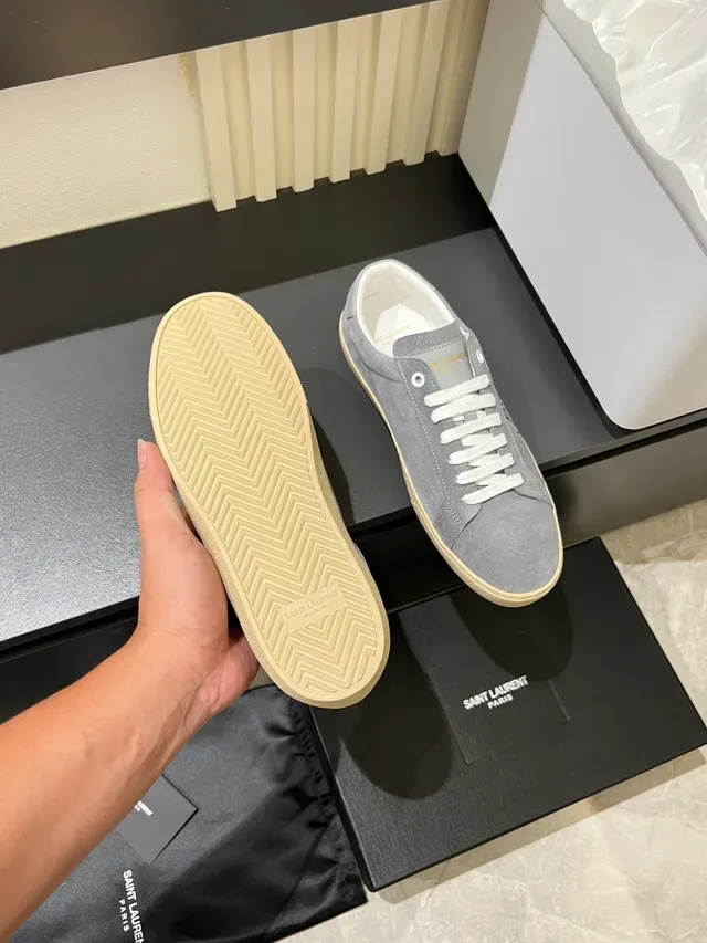 Saint Laurent Gray Beige Suede Upper Embroidered Logo Lifestyle Sneakers 4