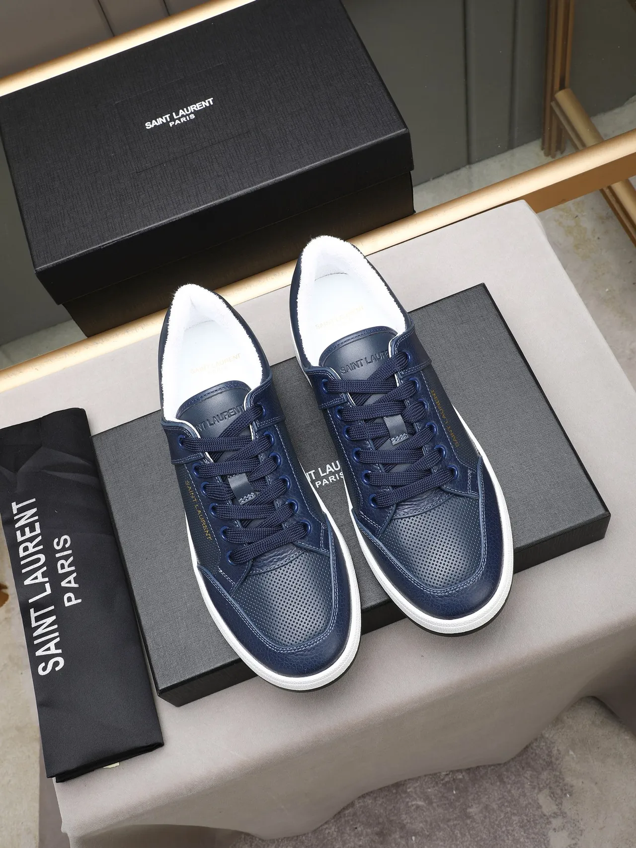 Saint Laurent Navy Peppled Leather Perforated Panel Lifestyle Sneaker 2