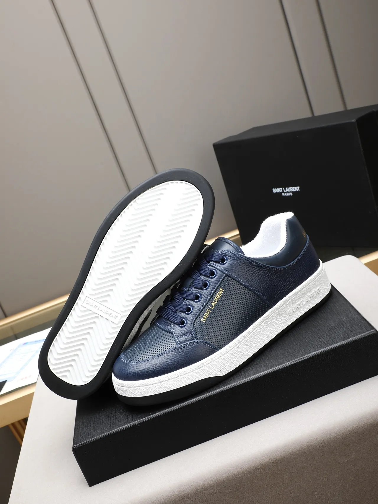 Saint Laurent Navy Peppled Leather Perforated Panel Lifestyle Sneaker 4