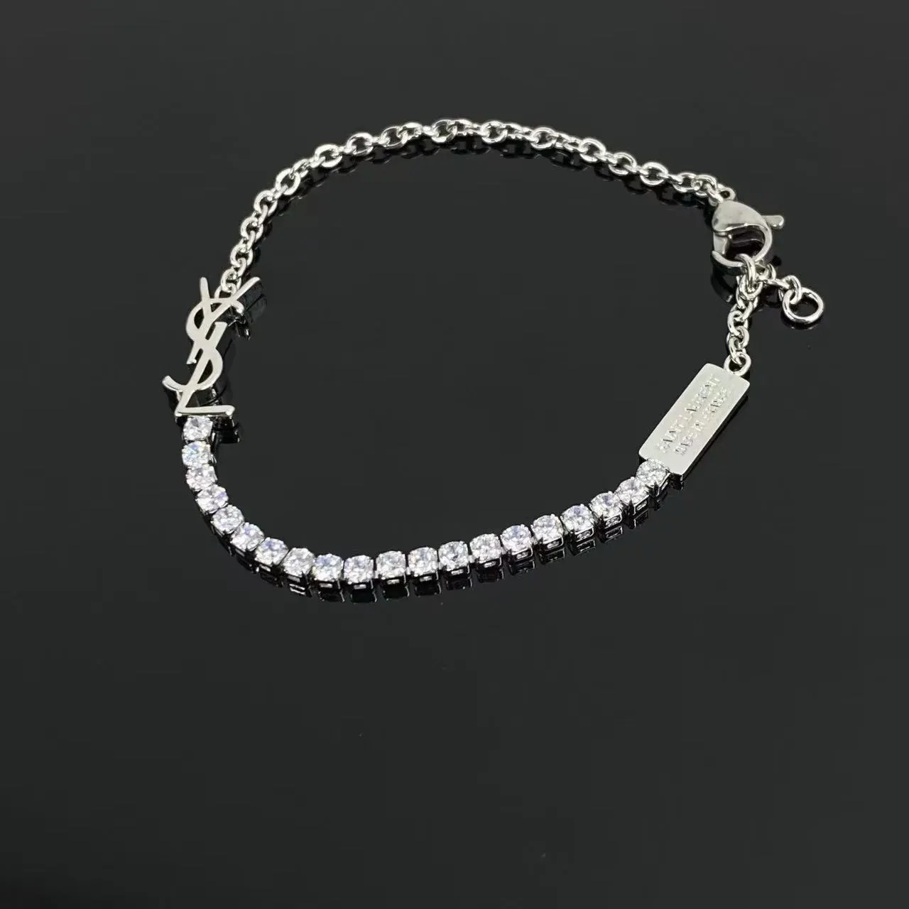 Saint Laurent Bracelet Argent Transparente Charm Monogramme Cristal Pavé 3