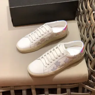 Saint Laurent White Beige Leather Star Appliqués Lifestyle Sneakers
