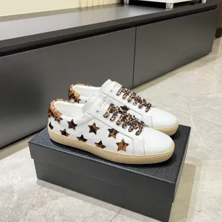 Saint Laurent White Brown Leather Leopard-Print Laces Lifestyle Sneakers