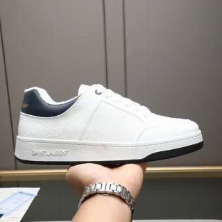 Saint Laurent White Navy Perforated Leather Upper Textured Midsole Lifestyle Sneakers