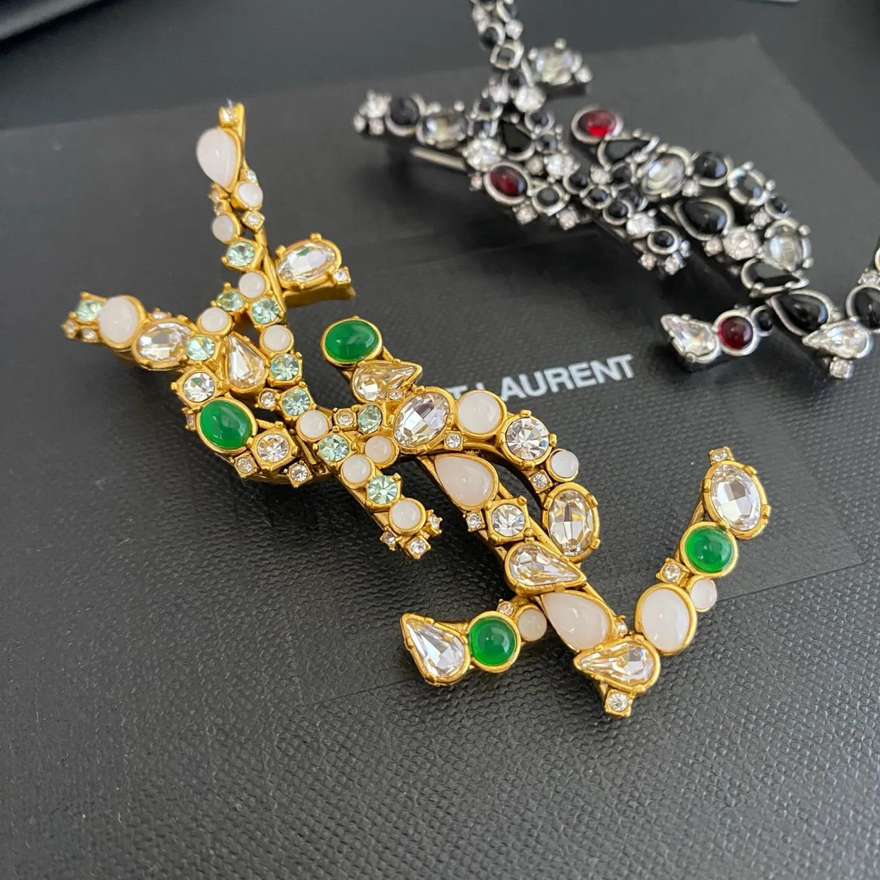 Saint Laurent Y Brooch Multicolor Gemstone Embellished Brooches 7