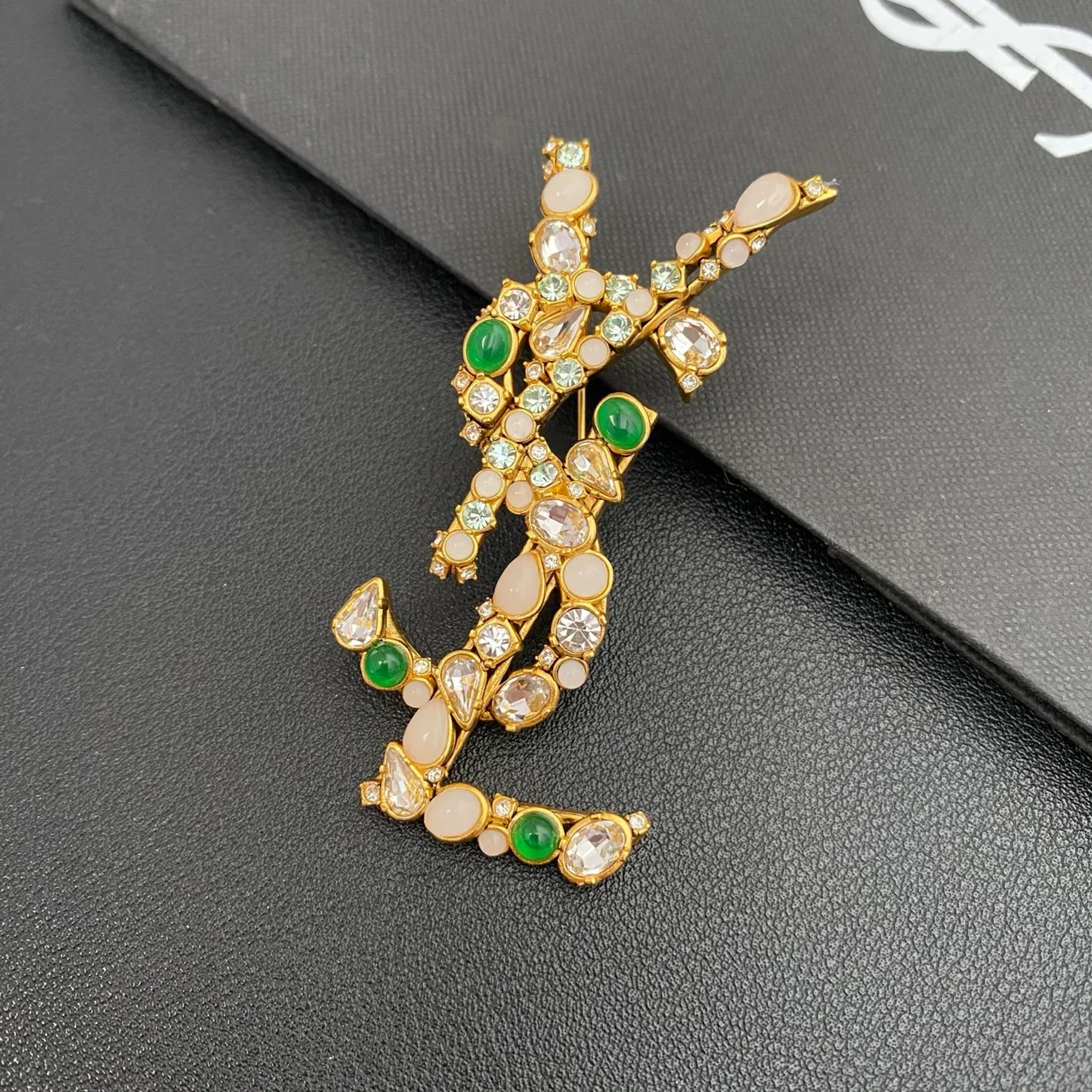 Saint Laurent Y Brooch Multicolor Gemstone Embellished Brooches 9