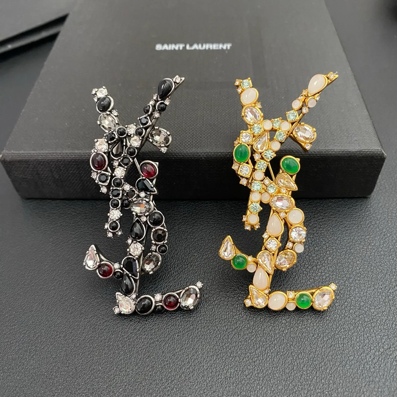 Saint Laurent Y Brooch Multicolor Gemstone Embellished Brooches 11