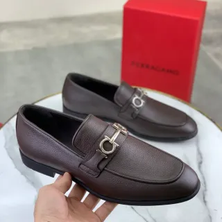 Salvatore Ferragamo Gancini Brown Pebbled Leather Loafers