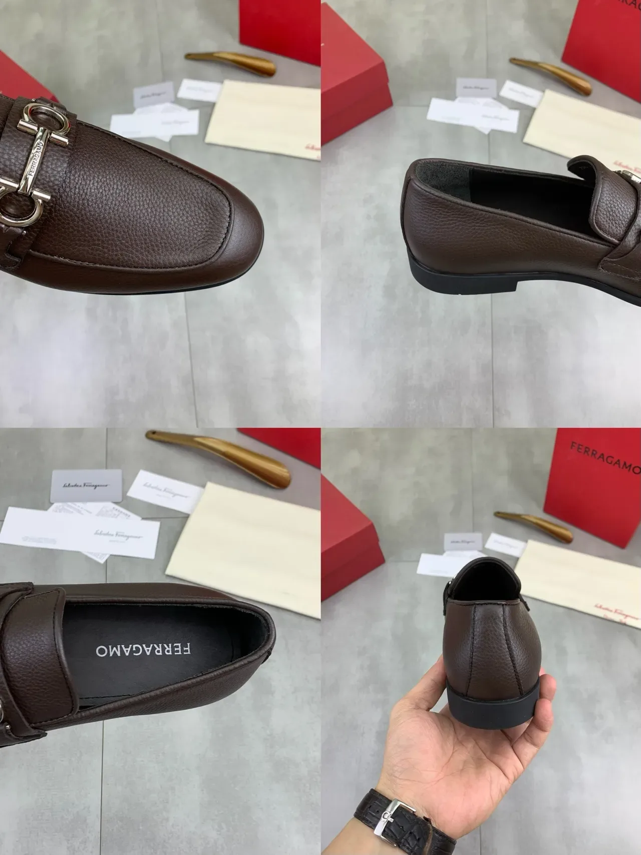 Salvatore Ferragamo Gancini Brown Pebbled Leather Loafers 2