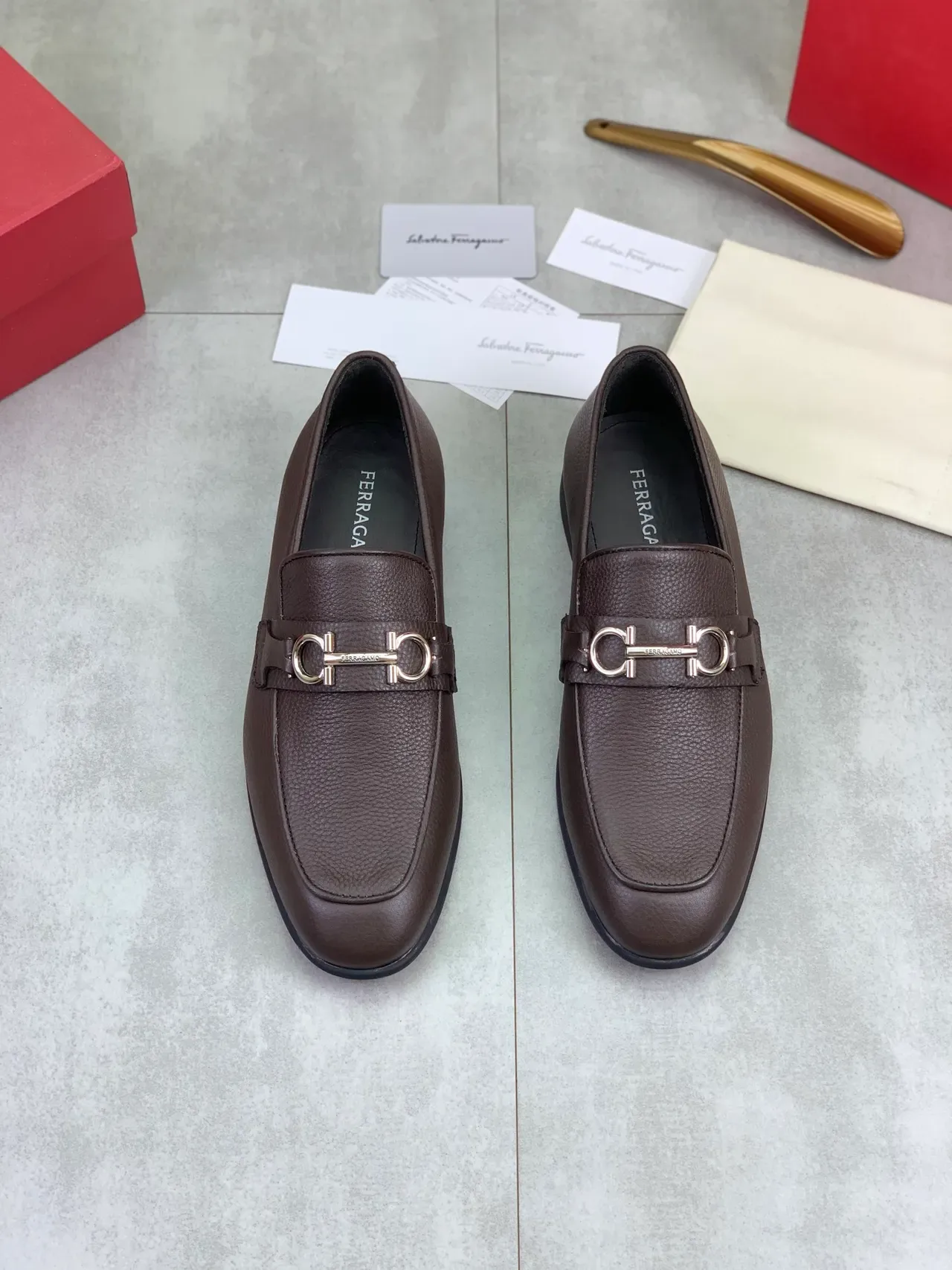 Salvatore Ferragamo Gancini Brown Pebbled Leather Loafers 4