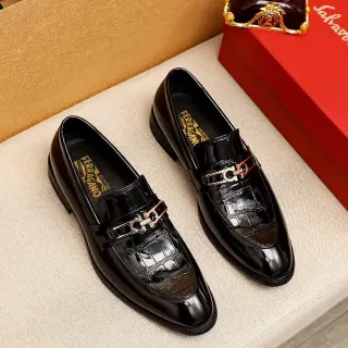 Salvatore Ferragamo Gancini Loafer Black Patent Croc-Embossed Loafers