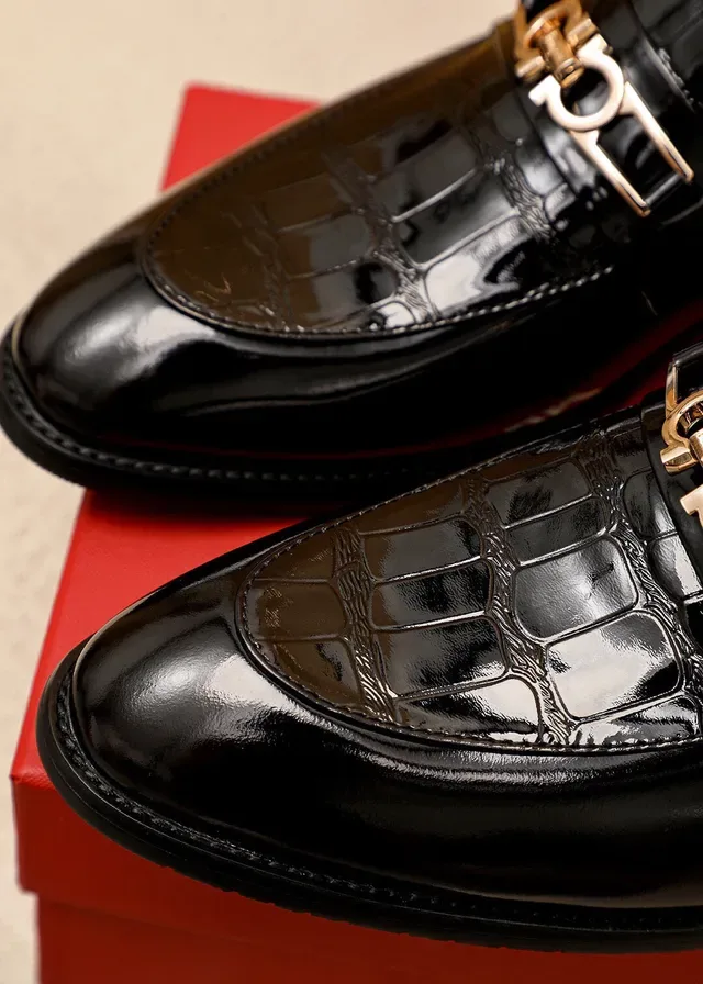 Salvatore Ferragamo Gancini Loafer Black Patent Croc-Embossed Loafers 8