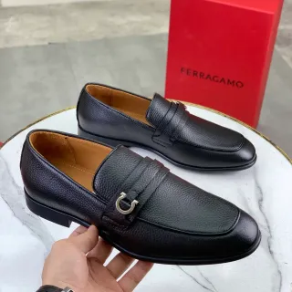 Salvatore Ferragamo Gancini Loafer Black Pebbled Leather Loafers