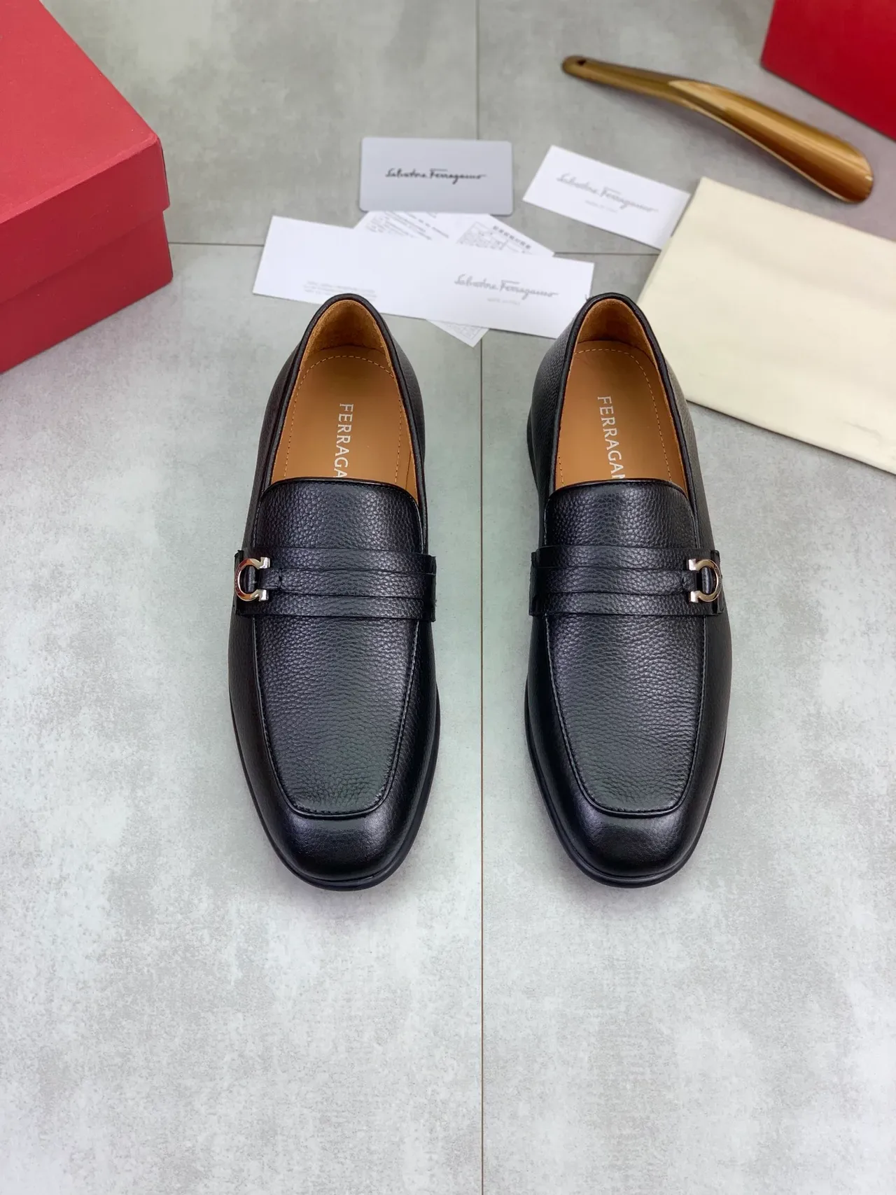 Salvatore Ferragamo Gancini Loafer Black Pebbled Leather Loafers 4