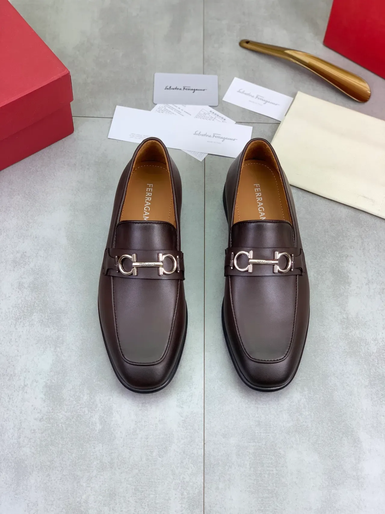 Salvatore Ferragamo Gancini Loafer Brown Leather Slip-On Loafers 5