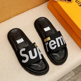 Supreme Slide Black Silver Wide Strap Embossed Monogram Sole Slippers