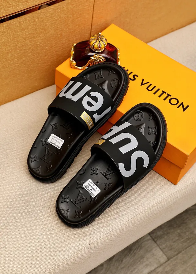 Supreme Slide Black Silver Wide Strap Embossed Monogram Sole Slippers 2