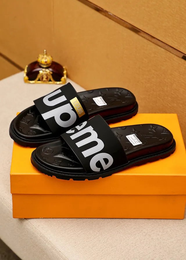Supreme Slide Black Silver Wide Strap Embossed Monogram Sole Slippers 3