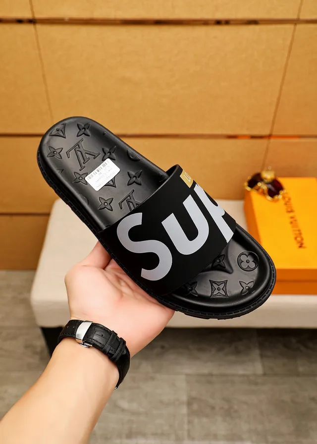 Supreme Slide Black Silver Wide Strap Embossed Monogram Sole Slippers 4