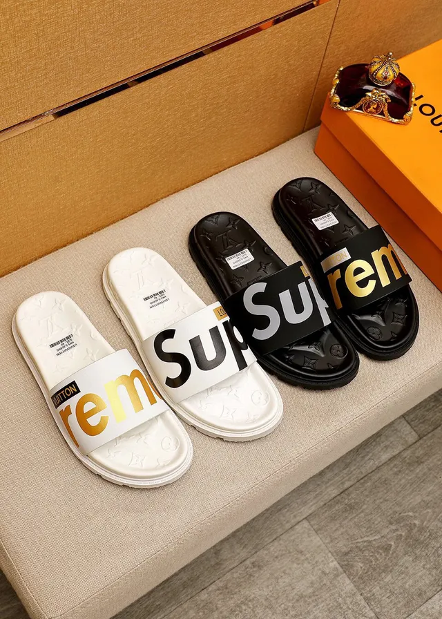 Supreme Slide Black Silver Wide Strap Embossed Monogram Sole Slippers 5