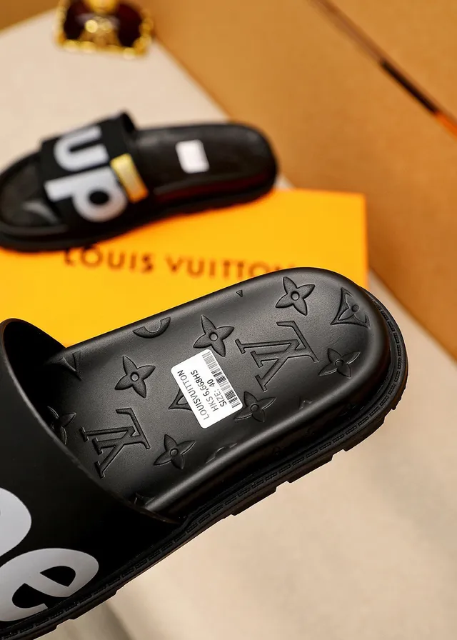 Supreme Slide Black Silver Wide Strap Embossed Monogram Sole Slippers 8