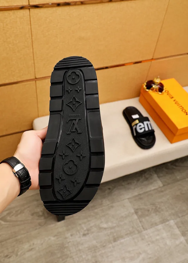 Supreme Slide Black Silver Wide Strap Embossed Monogram Sole Slippers 9