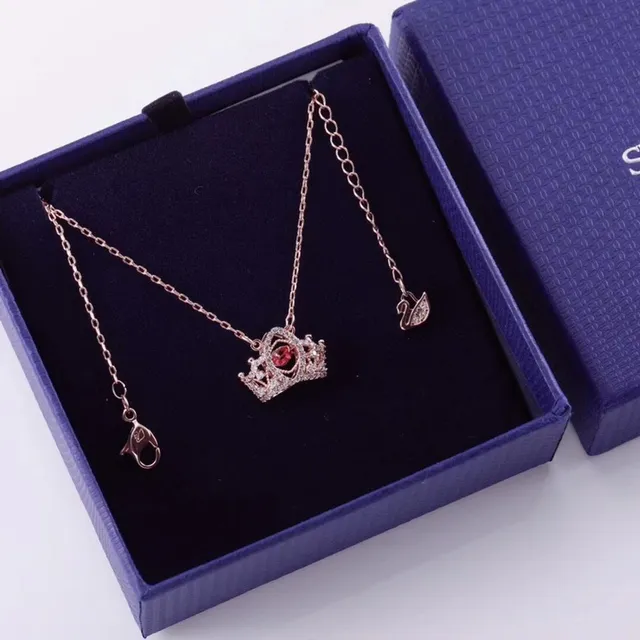 Swarovski Pink Silver Crown-Shaped Pendant Pave-Set Crystals Necklace 2