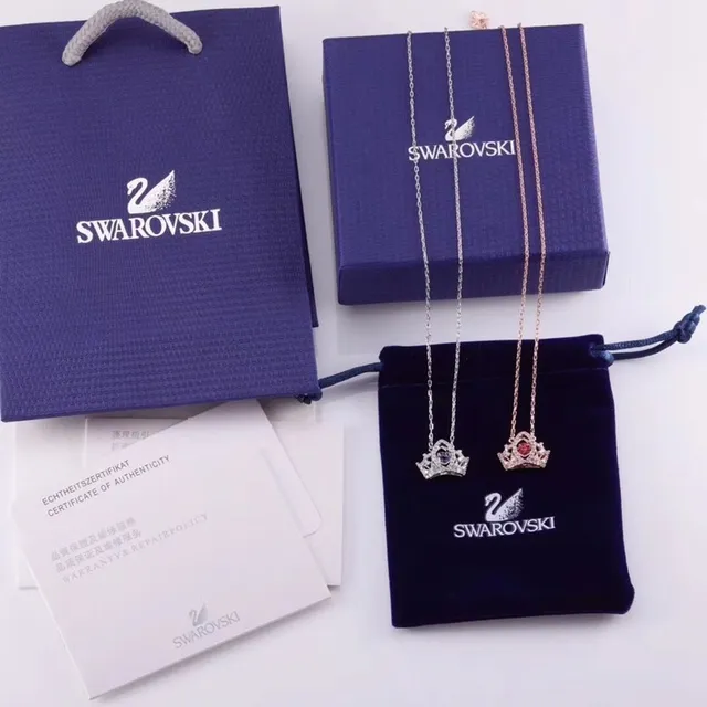 Swarovski Pink Silver Crown-Shaped Pendant Pave-Set Crystals Necklace 3