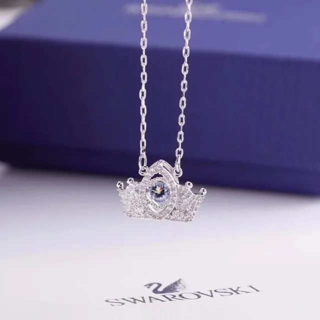 Swarovski Pink Silver Crown-Shaped Pendant Pave-Set Crystals Necklace 5