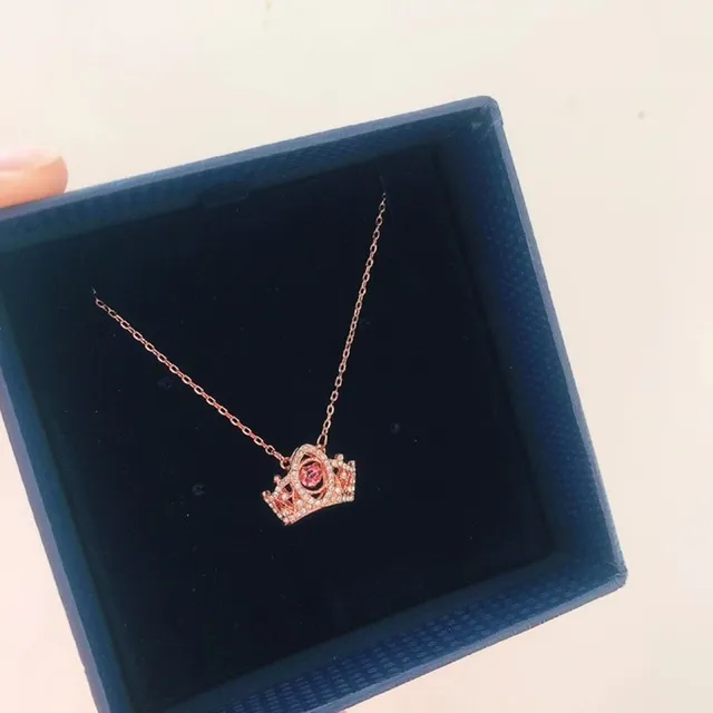 Swarovski Pink Silver Crown-Shaped Pendant Pave-Set Crystals Necklace 6