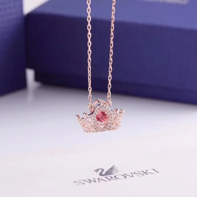 Swarovski Pink Silver Crown-Shaped Pendant Pave-Set Crystals Necklace 7