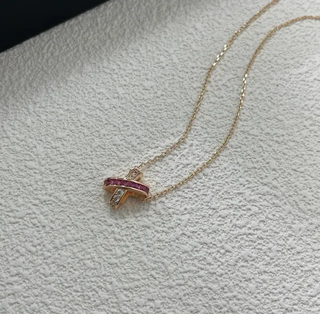 Tiffany & Co. Gold Pink Interlocking X-Shaped Pendant Channel-Set Sapphires Necklace 2