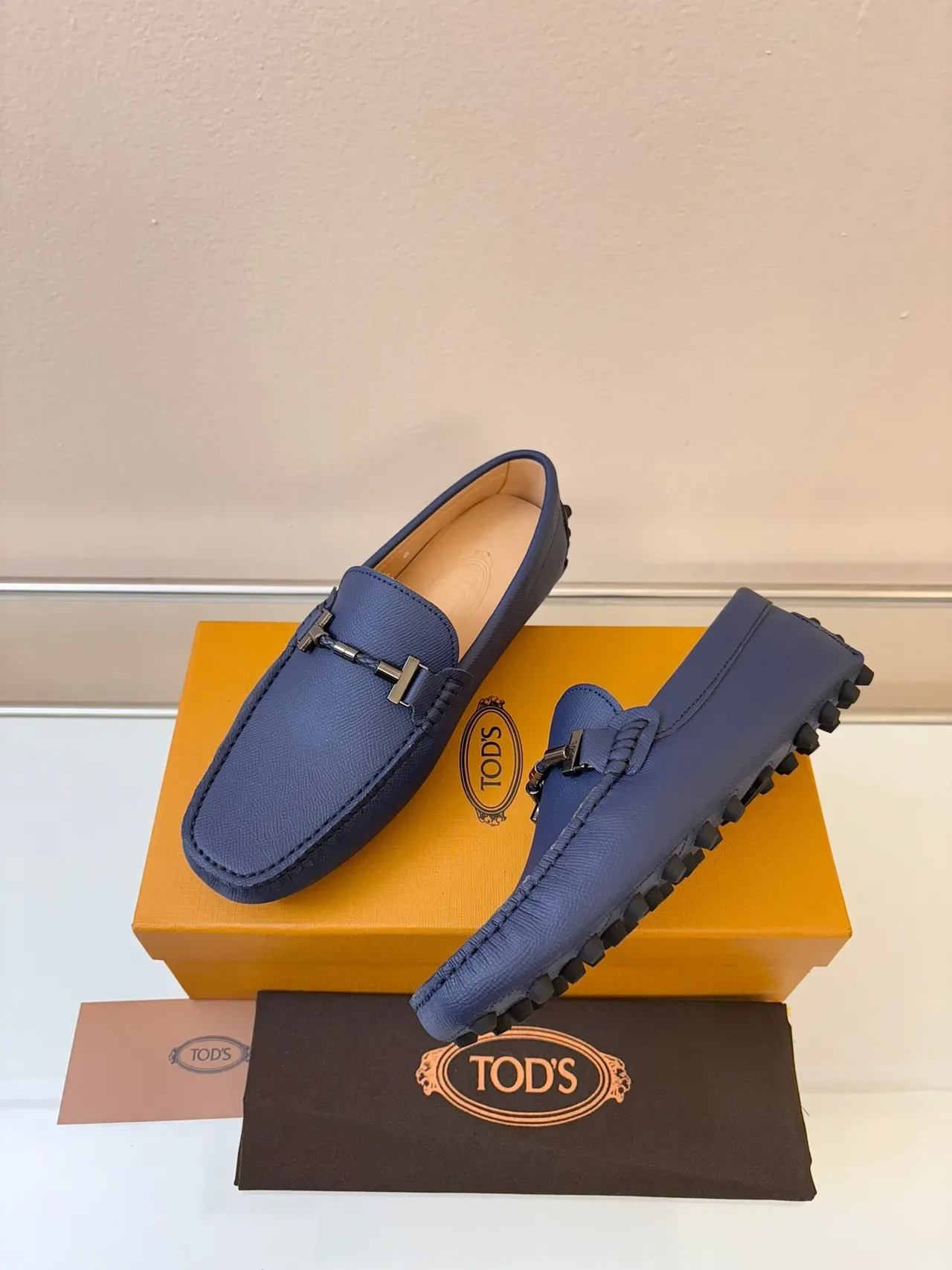Tod's Gommino Loafer Navy Blue Textured Leather Pebble-Sole Loafers 2