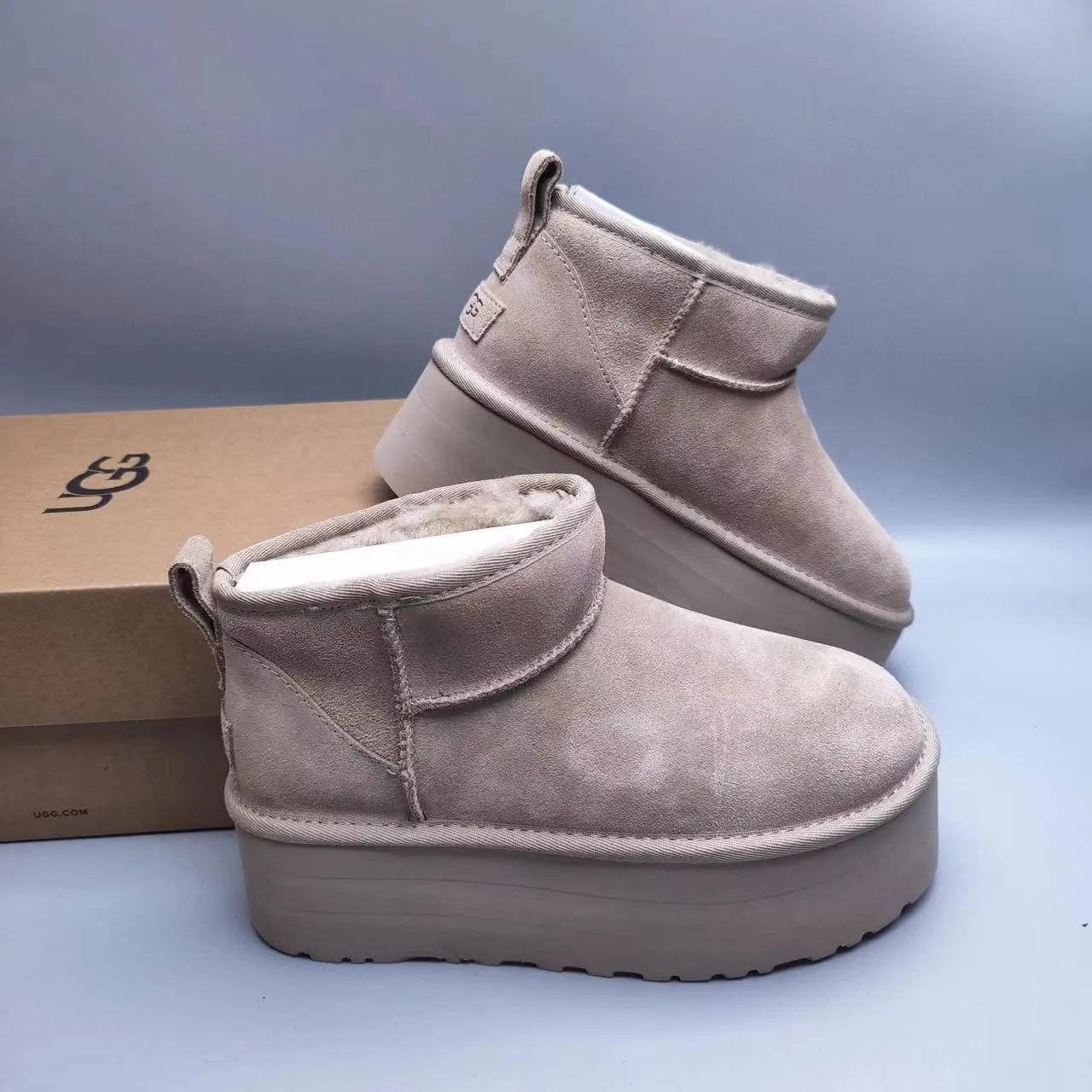 UGG Beige Suede Upper Shearling-Lined Cuff Snow Boots 5