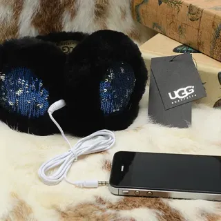 UGG Black Blue Faux Fur Exterior Sequin-Lined Interior Over-ear Headphones