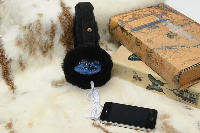 UGG Preto Azul Pêlo Sintético Exterior Forro de Paetês Interior Fones de Ouvido Over-ear 2