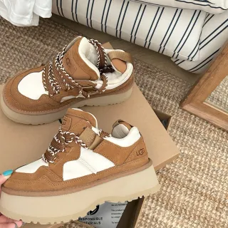 UGG بني أبيض منصة كعب أحزمة حبل مضفوفة حذاء رياضي سميك